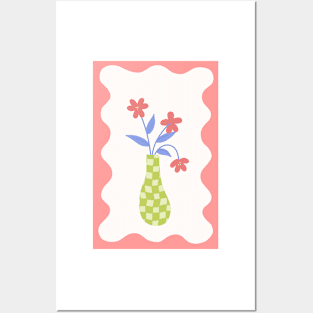 checkered lime green vase with pink flowers with squiggle frame Posters and Art